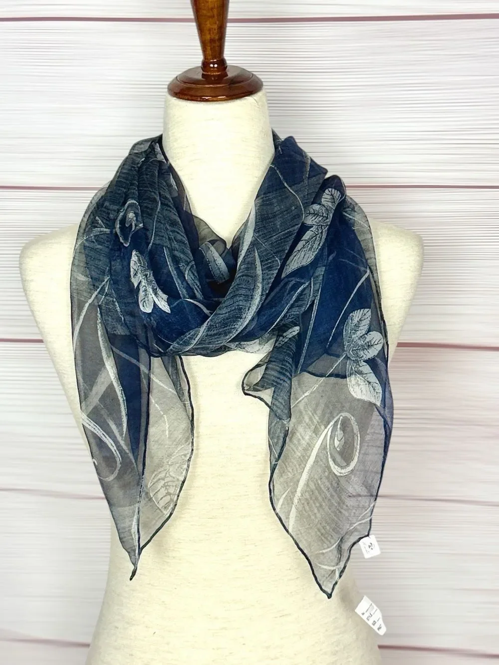 NWT HUALI Silk Chiffon Scarf Dark Blue Floral Sheer Lightweight Hand Rolled